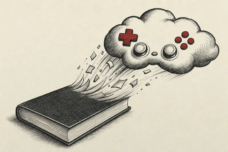 A schoolbook becomes a cloud-shaped game controller, symbolizing GeForce NOW's shift from classwork to gaming.