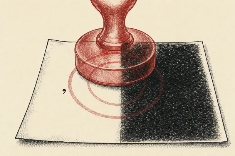 A translucent stamp marks a lone comma and a fully inked page alike, symbolizing Claude's broad watermark.