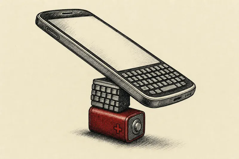A smartphone balances on a keyboard battery, symbolizing useful physical typing weighed down by added bulk.
