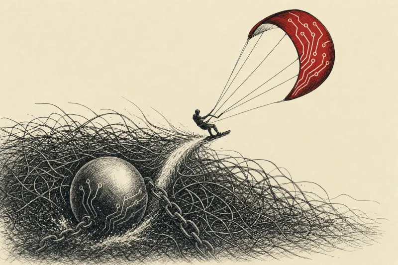 A circuit-patterned kite cuts through a tangled web as a heavy sphere sinks, symbolizing Kitesurf’s efficiency.