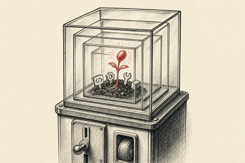 A glowing software seed contained within nested glass security boxes on a coin-operated base.