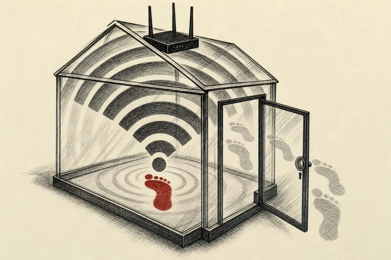 An unlocked glass house made of Wi-Fi waves leaks footprints, symbolizing motion detection and privacy risks.