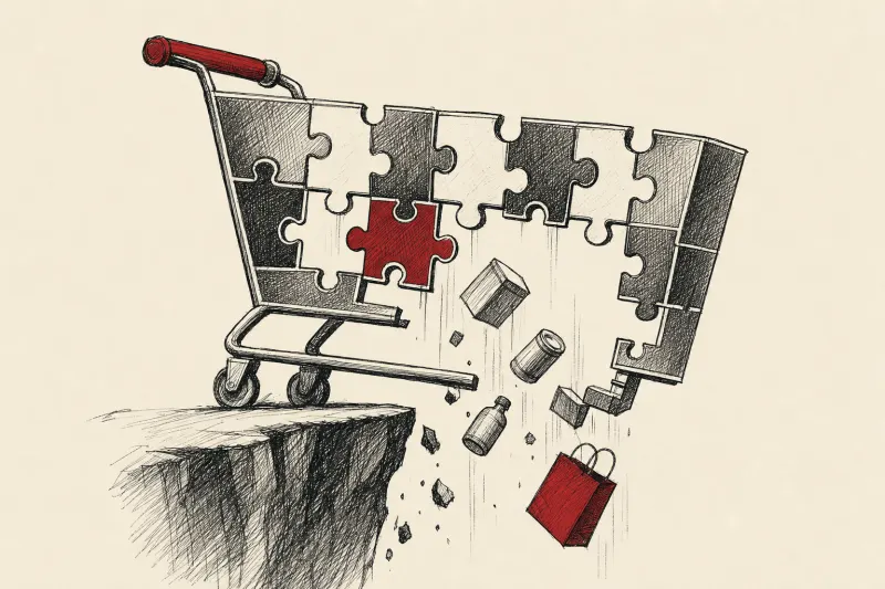 A shopping cart built from mismatched puzzle pieces loses products through gaps, symbolizing fragmented commerce AI.