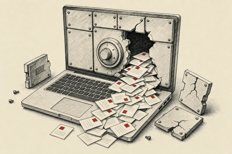 A modular laptop shaped like a cracked vault spills address cards, symbolizing the Framework customer data breach.