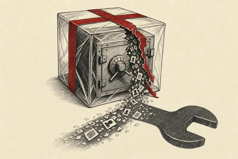 Identity fragments leak from a parcel around a secure vault, casting a wrench shaped shadow over crypto owners.