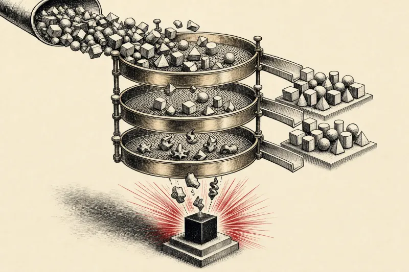 A three-tier sieve filters most shapes before a few reach a glowing black cube, symbolizing selective LLM use.