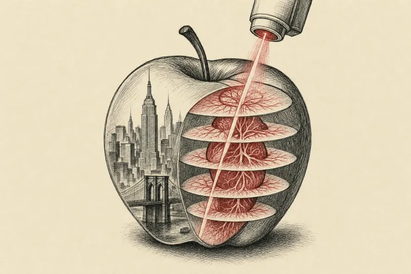 A translucent apple is sliced into diagnostic layers, symbolizing Neko Health’s body scanning launch in New York.