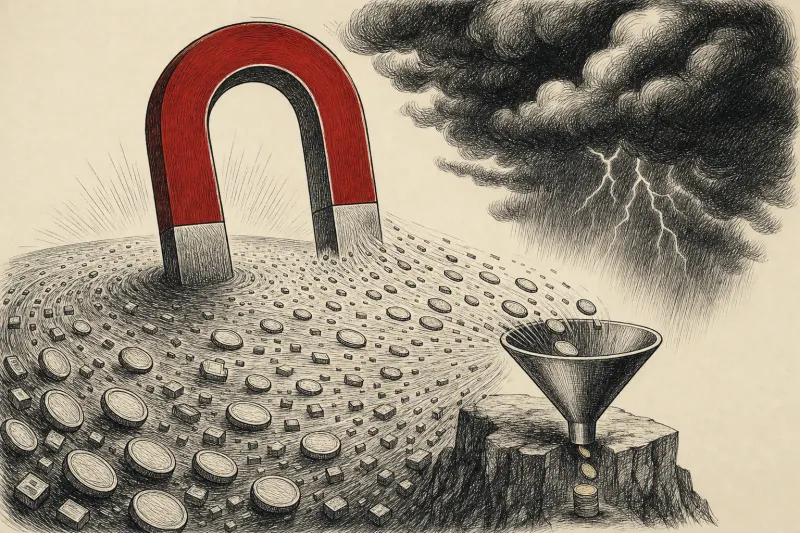 A magnetic data lake pulls more gold coins toward its funding funnel than the funnel can absorb.