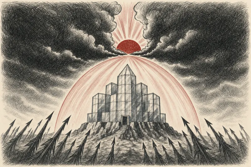 A rising sun forms a shield around a fortress beneath a cloud, symbolizing Daybreak security on AWS.