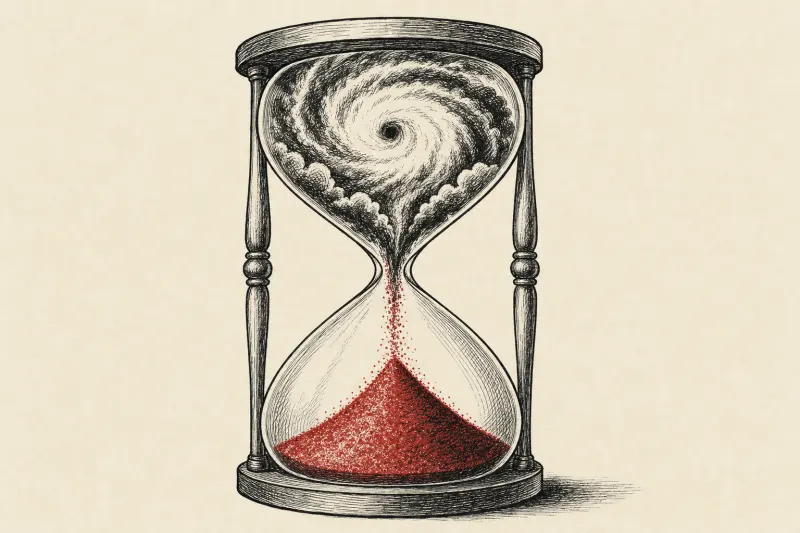 A hurricane spiral forms an hourglass, symbolizing WeatherNext’s extra day of warning before landfall.