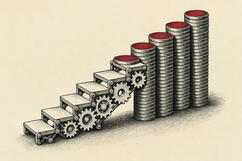 An interchangeable gear staircase becomes rising coin stacks, symbolizing an open agent platform with higher API costs.