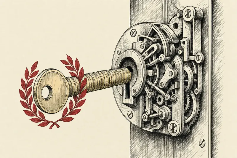 A costly gold key crowned with a laurel jams in a complex lock, symbolizing strong benchmarks but weak agent reliability.