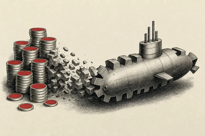 Gold coins transform into a submarine-shaped gear, symbolizing Hadrian’s funding for defense manufacturing.