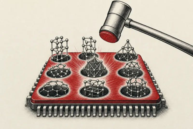 A red hot chip becomes a whack a mole board where crystalline structures rise for testing.