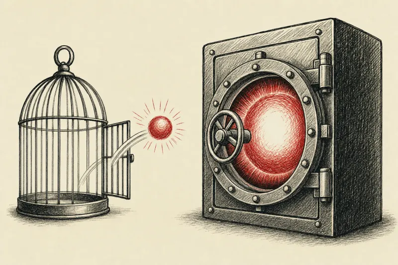 A small glowing orb leaves an open cage while a brighter one remains locked, symbolizing Meta’s split AI access.