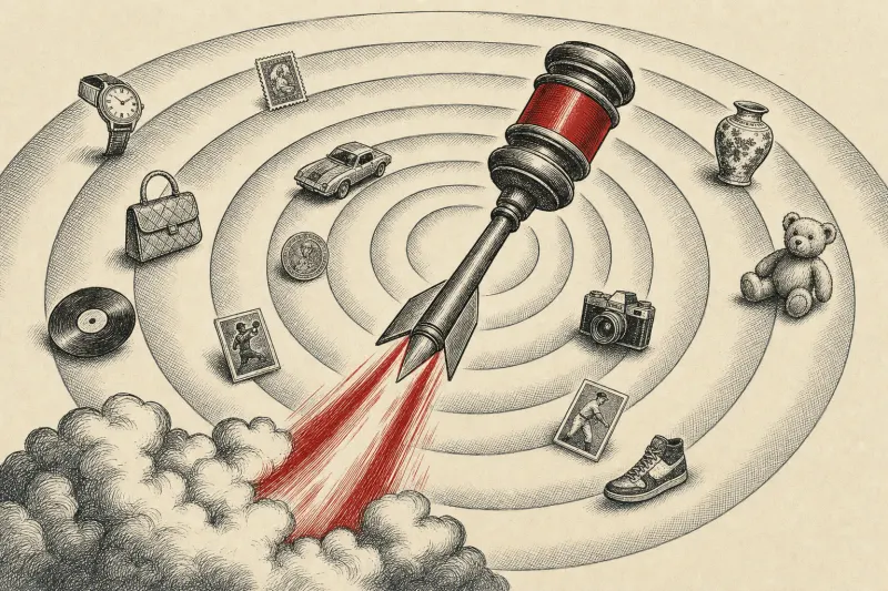 A conceptual auction gavel shaped like a rocket rises through seven expanding rings, symbolizing eBay Live’s rapid growth and international expansion.