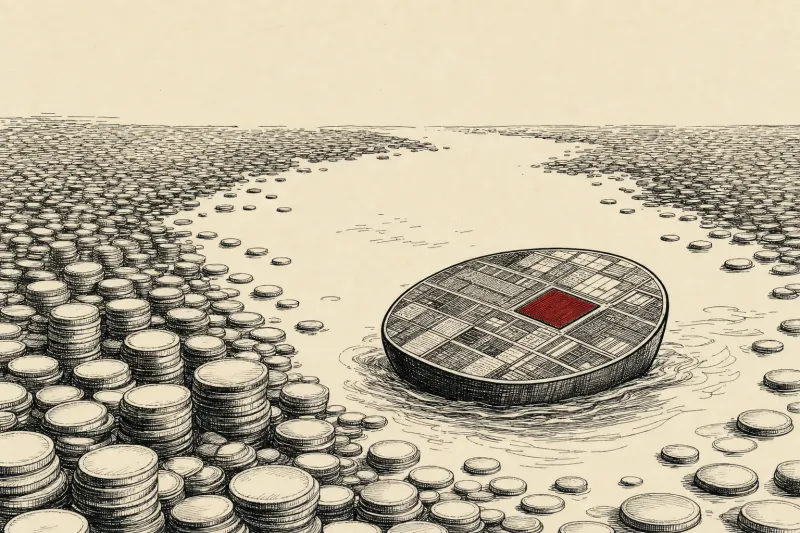 A silicon wafer lifeboat floats on receding coins, symbolizing a large chip bet amid shrinking fund assets.