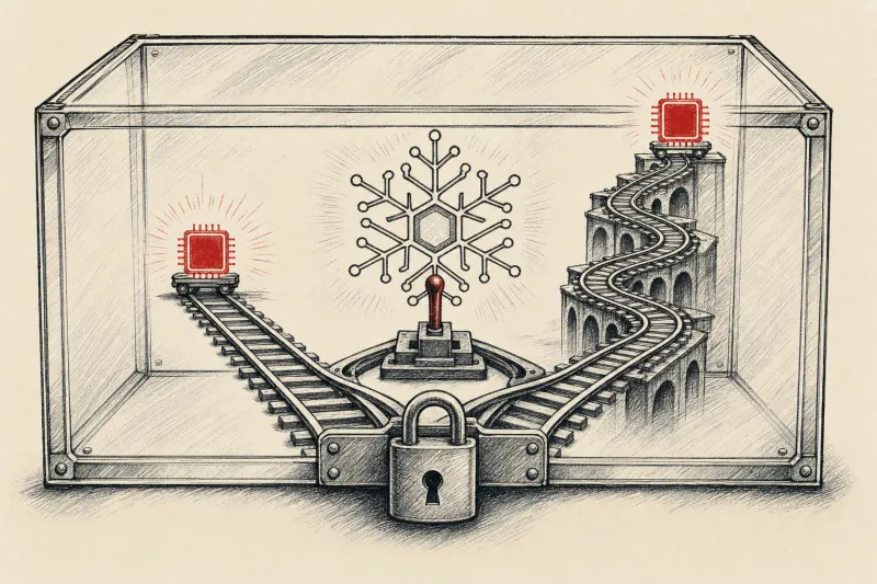 A locked railway switch routes glowing tokens onto simple and complex tracks, symbolizing governed AI model choice.