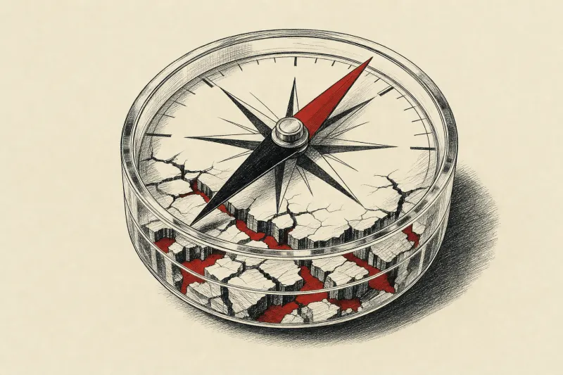 A transparent compass reveals hidden cracks beneath its needle, symbolizing context layers exposing AI errors.