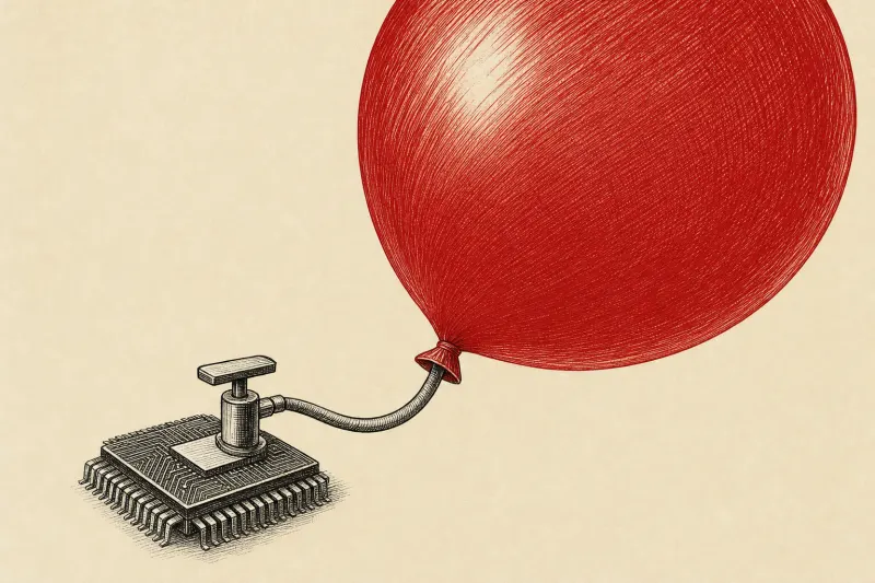 A silicon chip inflates an enormous golden balloon, symbolizing Etched’s rapidly expanding valuation.