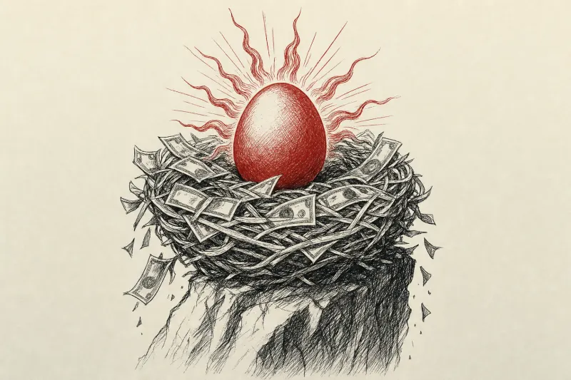 A fragile golden sun egg rests in a nest of banknotes, symbolizing fusion power’s costly promise.