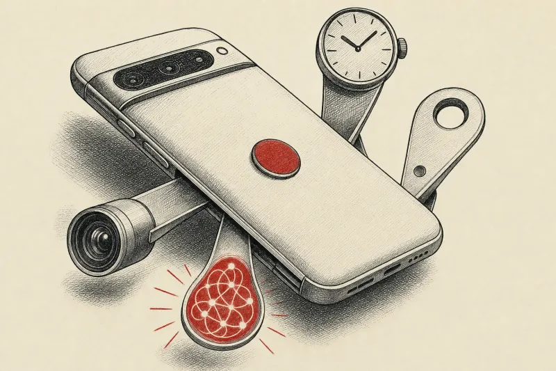 A smartphone becomes a Swiss Army knife with camera, watch, tracker and AI tools, symbolizing Google's expanding Pixel range.