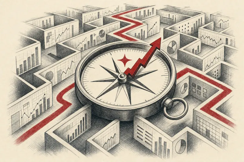 An AI compass guides a path through a maze of charts, symbolizing Google turning marketing data into action.