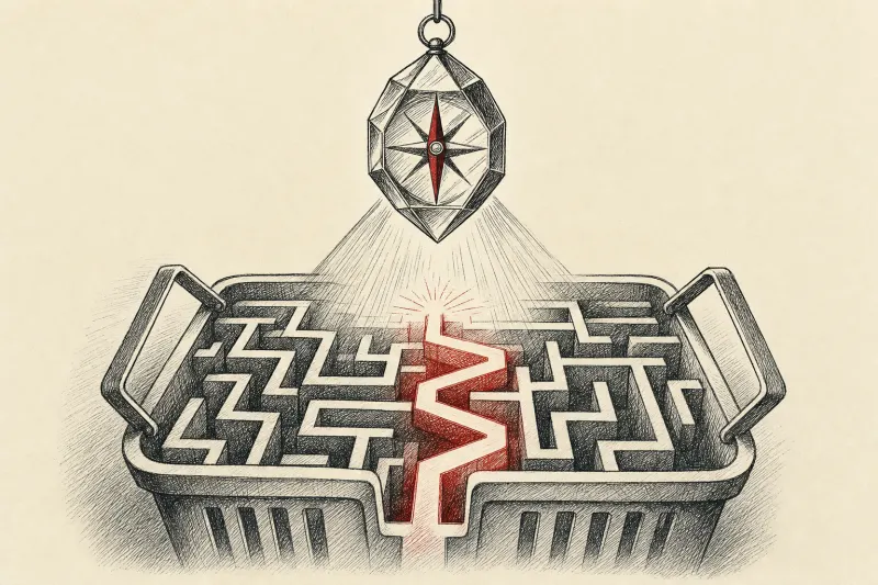 A crystal compass guides an illuminated path through a shopping-basket-shaped maze, representing AI that predicts customer intent.