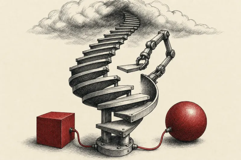 A self-building spiral staircase rising into a cloud, symbolizing AI improving itself through expanding computing power.