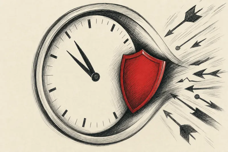 A red shield holds open a closing clock aperture, symbolizing AI defense against a shrinking cyber response window.