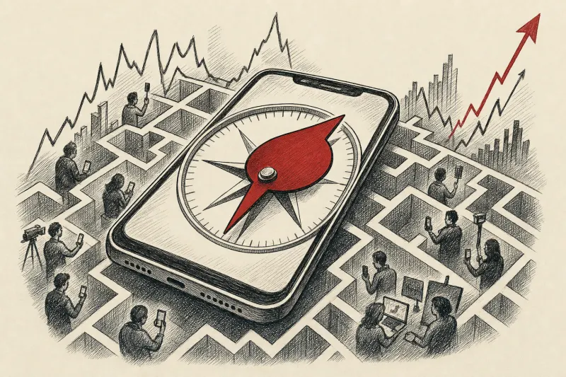 A smartphone shaped compass navigates chart lines, symbolizing Facebook's AI guidance for creators.