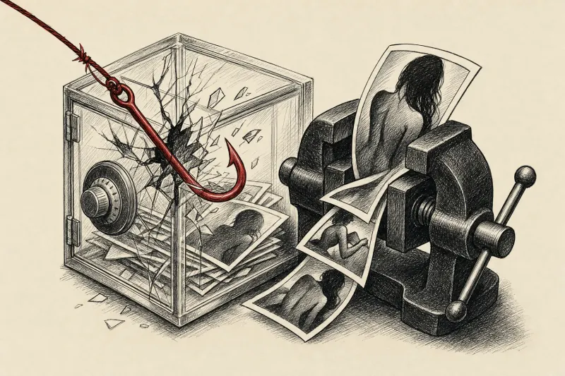 A phishing hook cracks a locked photo vault as a vise traps pictures, symbolizing account theft and sextortion.
