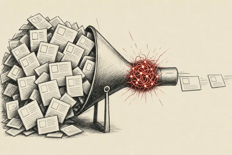A glowing neural knot clogs a funnel, backing up blank news cards meant to flow through Feedly.