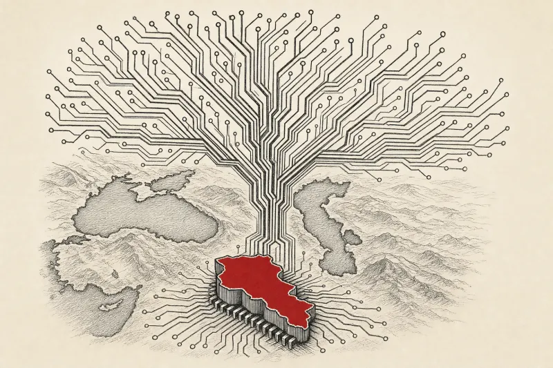 An Armenia-shaped microchip grows into a vast circuit tree, symbolizing Firebird’s regional AI expansion.