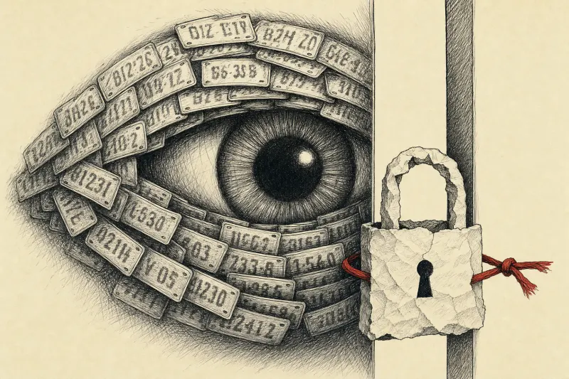 A giant license-plate eye peers through a paper padlock, symbolizing weak limits on Flock surveillance.