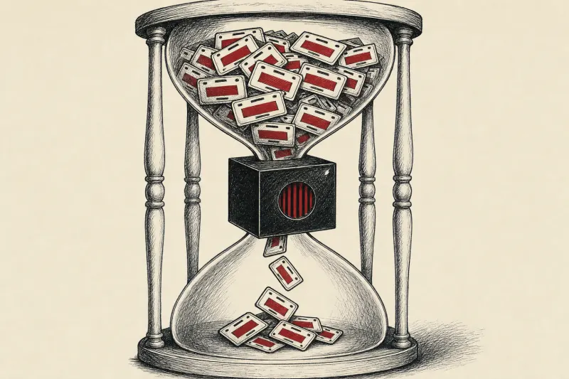 A black box filters license plates through a seven-banded hourglass, symbolizing opaque audits and shorter retention.