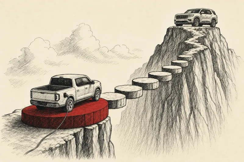 A small electric pickup forms a stepping stone toward an SUV summit, symbolizing Ford's cautious EV platform strategy.