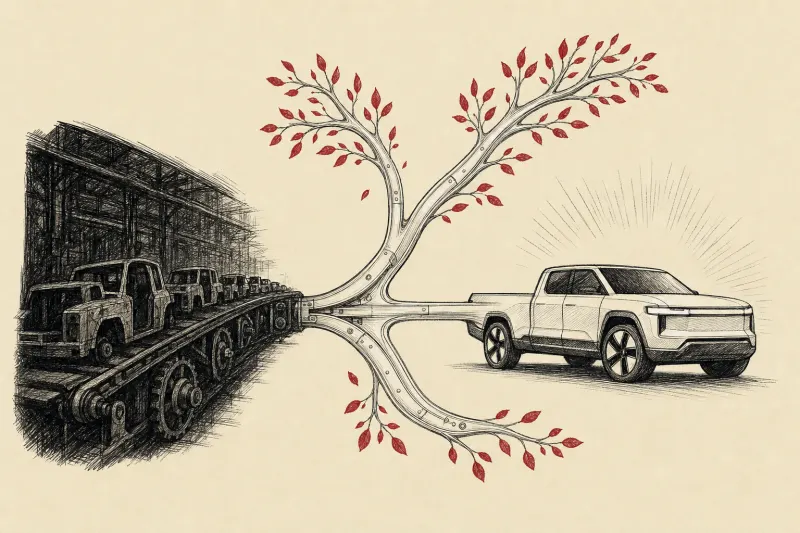 A conveyor belt becomes a three-branched metal tree, symbolizing Ford’s new Fathom production system.