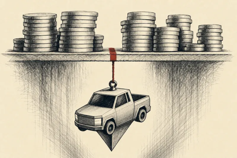 Conceptual electric pickup passing beneath a barrier of stacked coins, representing Ford’s sub-$30,000 Fathom strategy.
