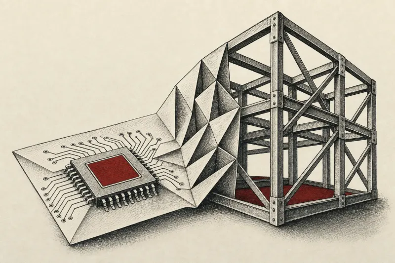 A microchip unfolds into a steel frame, symbolizing AI turning digital plans into industrial infrastructure.