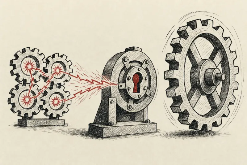 Four linked small gears turn a mechanism while one oversized gear spins alone, symbolizing coordination beating model scale.