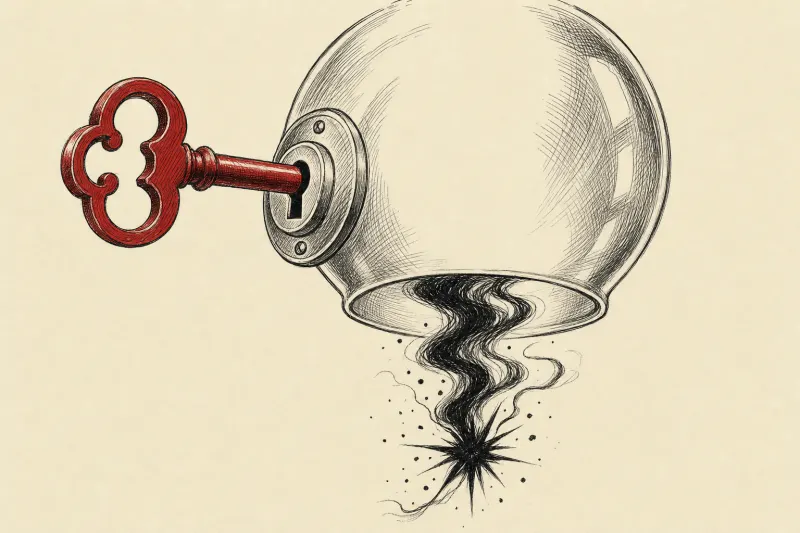 A locked glass sphere has no bottom, allowing a dark spark to escape despite its secure identity key.