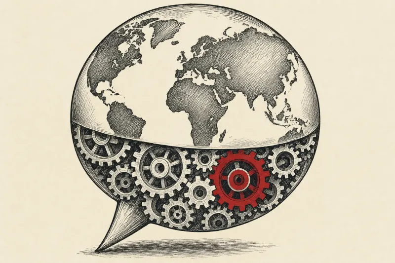 A speech-bubble globe turning into gears symbolizes worldwide ChatGPT use shifting from questions to action.
