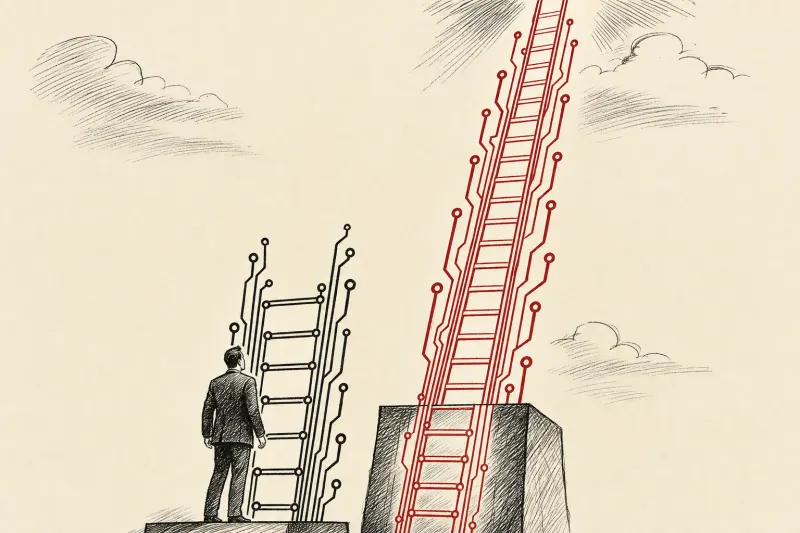 Two circuit shaped ladders separate as one rises faster, symbolizing frontier firms pulling ahead in enterprise AI.