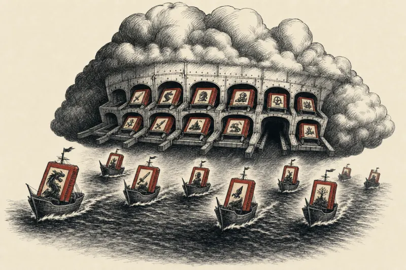 A cloud-shaped harbor launching game cartridges while one berth remains empty.