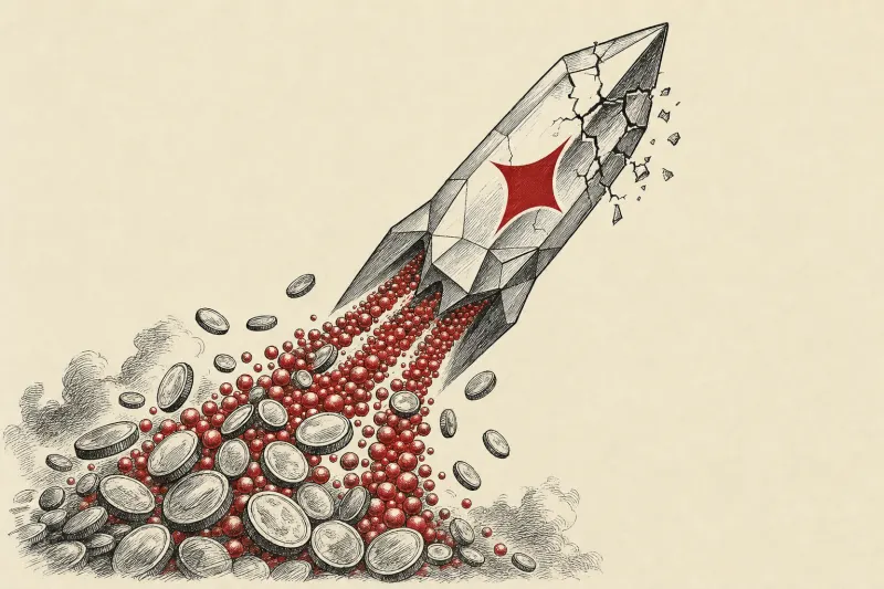 A cracked gemstone rocket rises on glowing beads while coins spill from its exhaust, symbolizing Gemini’s costly growth.