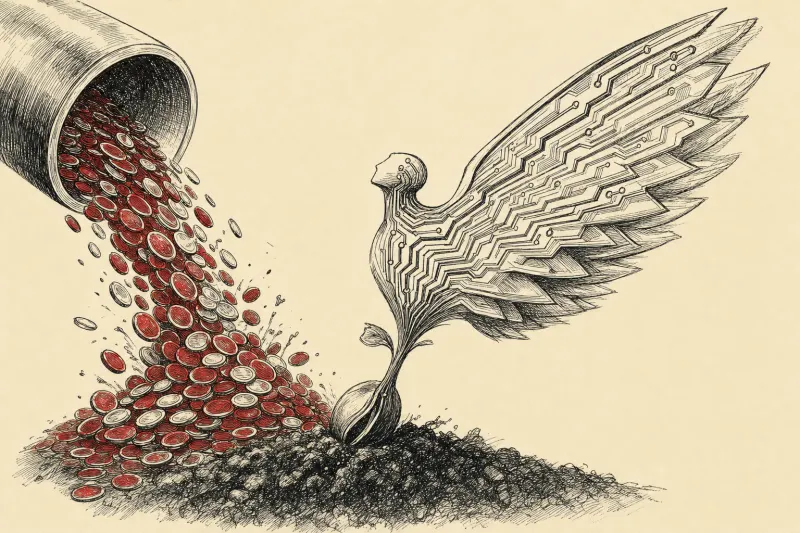 A tiny seed becomes a circuit shaped guardian wing beneath gold, symbolizing River AI’s heavily funded personal agent bet.