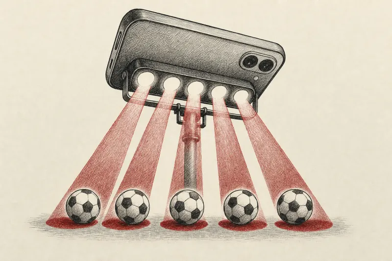 A smartphone floodlight casts five paired beams onto footballs, symbolizing Google’s club partnerships.
