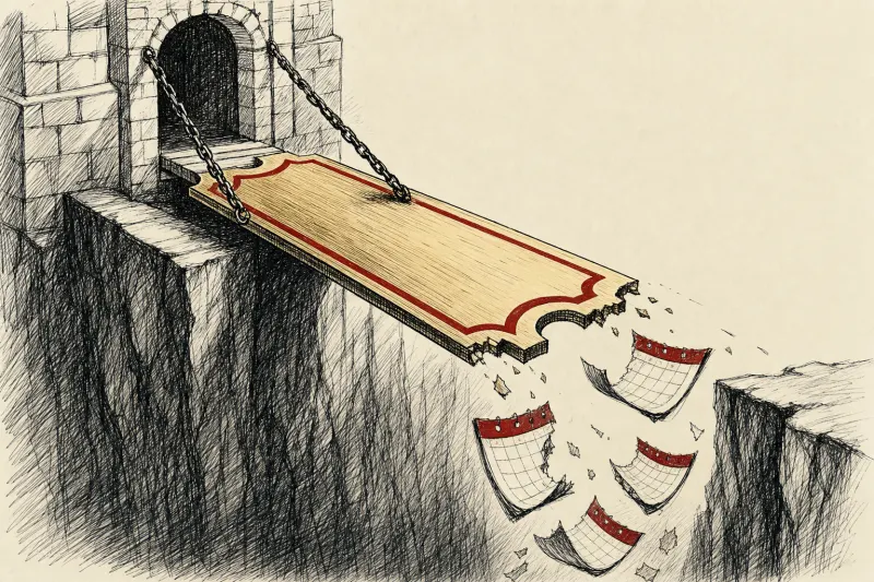 A golden event ticket forms a narrowing drawbridge as calendar pages fall into a chasm, symbolizing a limited-time conference discount.