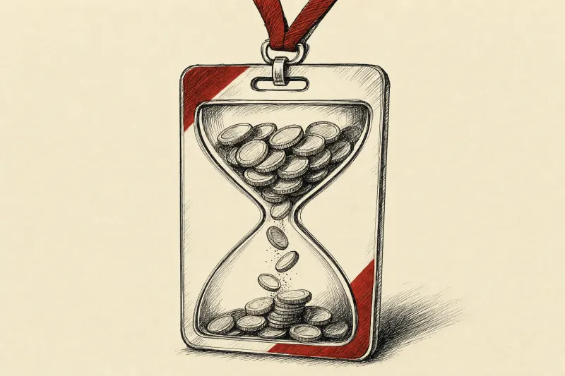 Gold coins fall through a pass shaped hourglass, symbolizing the expiring TechCrunch Disrupt discount.